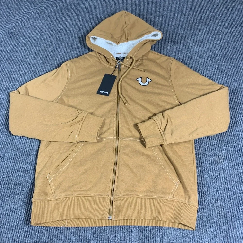 True Religion Hoodie Mens Medium Beige Full Zip‎ Sweatshirt Sherpa Lined Buddha